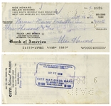 Moe Howard Lot of Two Checks Signed -- Dated 26 September 1960 Measuring 7'' x 3.25'', and 8 November 1962 Measuring 8.25'' x 3'' -- Very Good Condition
